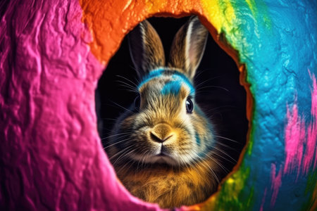 Cute rabbit looking out of a hole in a colorful wall.の素材