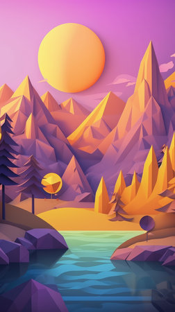 Fantasy landscape with mountains, lake and trees. Vector illustration.の素材