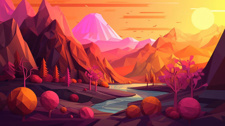 Landscape with mountains, river and forest at sunset. Cartoon vector illustrationの素材