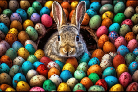 Easter bunny and colorful Easter eggs background. Happy Easter concept.の素材