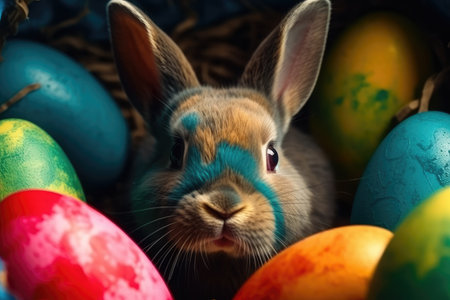 Easter bunny with colored eggs in nest. Happy Easter concept.の素材