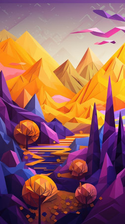 Colorful autumn landscape with lake and mountains. Vector illustration for your designの素材