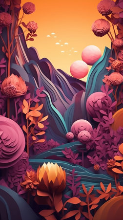 Fantasy landscape with fantasy forest, mountains and flowers. Vector illustration.の素材