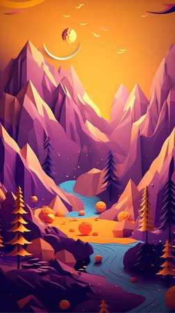 Forest landscape with river and mountains. Cartoon vector illustration for game designの素材