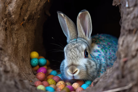 Easter bunny and colorful eggs in nest. Selective focus.の素材