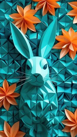 Paper craft rabbit with flowers on blue background. Origami paper art style.の素材