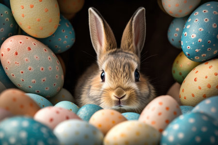 Easter bunny and colorful eggs in a box on a dark backgroundの素材