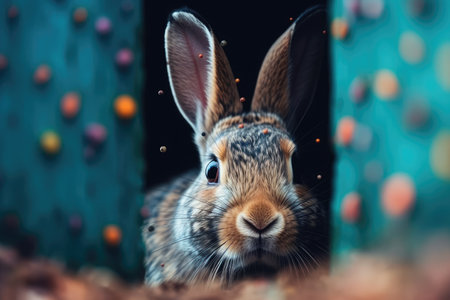 Cute little rabbit on the background of a garland with Easter eggsの素材