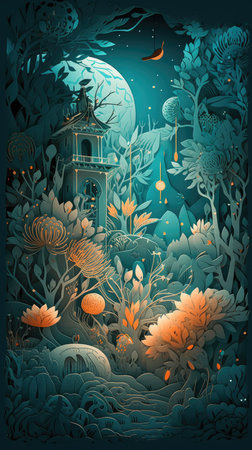 Vector illustration of the night landscape with a lantern, trees and flowers.の素材