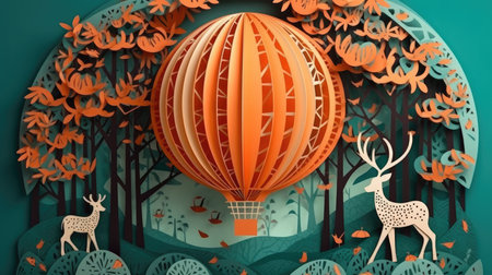 Paper art style of flying hot air balloon with forest landscape background.の素材