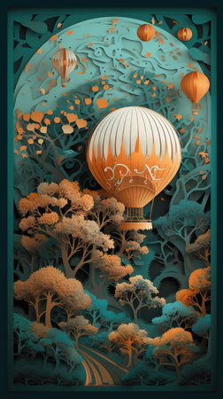 Paper art of hot air balloon flying in the forest. Paper art and craft style.の素材