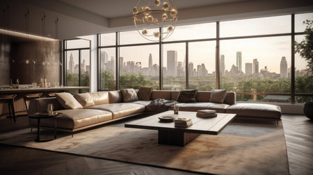 Luxury living room interior design with a panoramic view of New York. 3D Renderingの素材