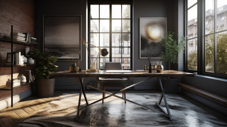 Interior of modern living room with gray walls, concrete floor, panoramic window with countryside view and wooden table with laptop. 3d renderingの素材