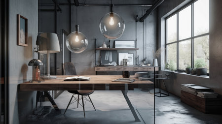 Interior of modern loft living room with gray walls, concrete floor, panoramic window and wooden dining table with chairs. 3d renderingの素材