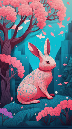Cute cartoon rabbit in the park. Vector illustration for your designの素材