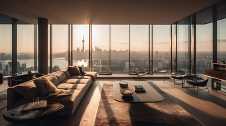 Interior of a modern living room with a panoramic view of the cityの素材