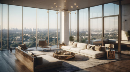 Luxury living room with panoramic city view. 3D Renderingの素材