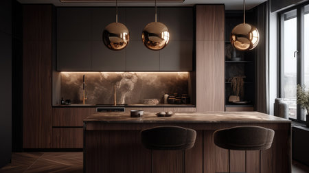 Interior of modern kitchen with black and beige walls, wooden floor, dark wooden countertops with built in sink and cooker. 3d renderingの素材