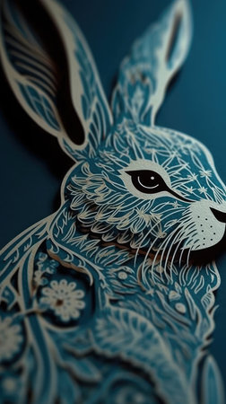 Rabbit paper cut on dark blue background. 3d illustration.の素材