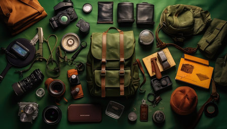 Set of travel equipment on green background, top view, flat layの素材