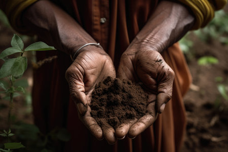 Hands of buddhist monk holding soil in his hands.の素材