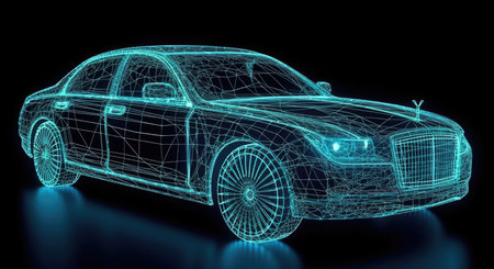 Car model wireframe on a black background. 3D rendering.の素材