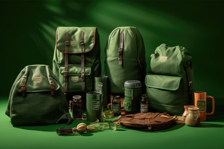 Set of camping equipment on a green background. 3d rendering.の素材