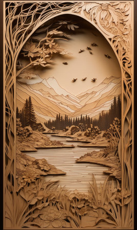 Wood carving in the form of a landscape with mountains, trees and birdsの素材