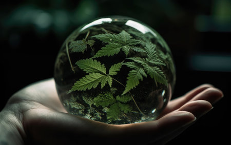 Cannabis leaf in a glass ball on the palm of your handの素材