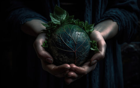Woman holding a globe with green leaves in her hands. Eco concept.の素材
