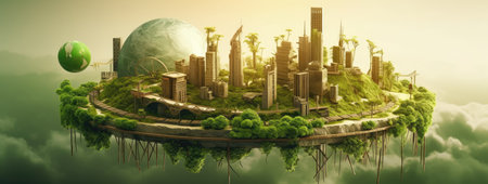 Green city and planet floating in the air. 3D rendering.の素材