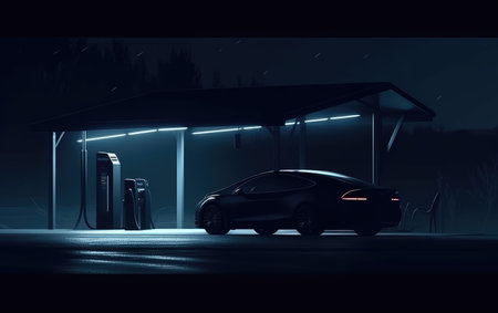 Electric car charging at the gas station at night. 3D renderingの素材