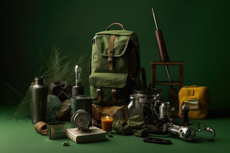 Set of camping equipment on green background. Backpack, camera, binoculars, flashlight, compass, flask and other items.の素材