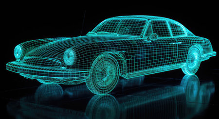 3d rendering of a wireframe car on a black background with reflectionの素材