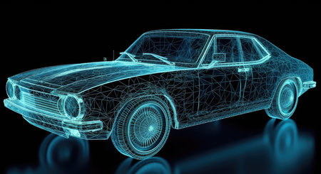 Car wire model on a black background. 3d rendering, 3d illustration.の素材