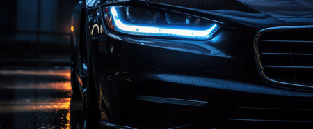 Close-up of a modern black car headlight in the darkの素材