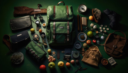 Hunting equipment on dark green background. Top view. Flat layの素材