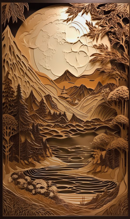 Wooden landscape with mountains, lake and forest. 3D renderingの素材