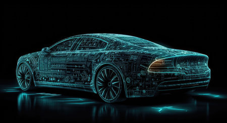 3D rendering of a brand-less generic concept car in neon lightの素材