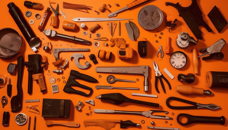 Top view of a set of tools for repair on an orange backgroundの素材
