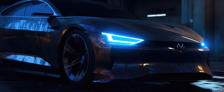 Front view of a modern black sports car with blue neon lights. 3d renderingの素材