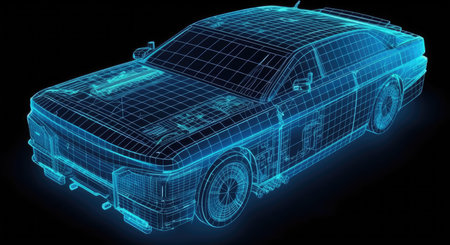 Police car, body structure, wire model on a black background.の素材