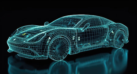 3d rendering of a sports car wireframe on a black backgroundの素材