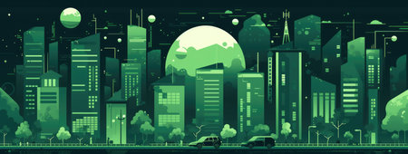 Vector illustration of a modern city on a background of the night skyの素材