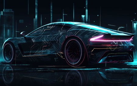 3D rendering of a concept car with neon lights on the backgroundの素材