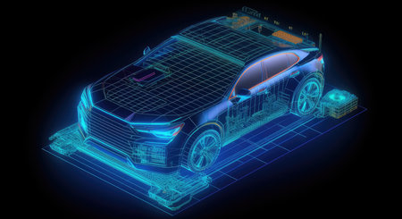 3d rendering of a sports car in blue neon light on a black backgroundの素材