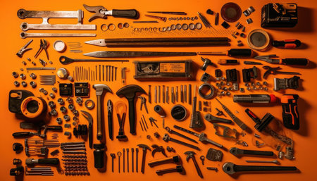 Variety of tools and instruments on orange background. Top view.の素材