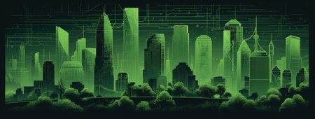 Cityscape with buildings and skyscrapers in green colors. Vector illustrationの素材