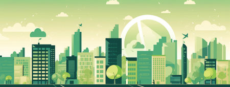 Cityscape with skyscrapers and green trees. Vector illustration.の素材