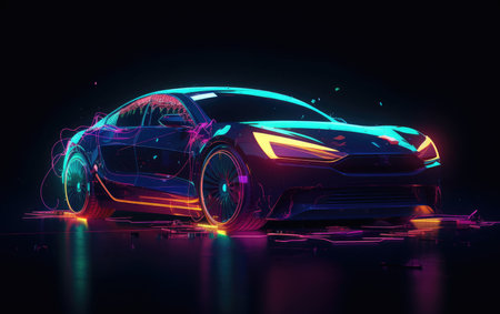 3D rendering of a brand-less generic concept car in neon lightの素材